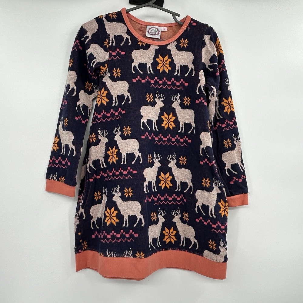 Lilli Lovebird Girls‎ Deer Print Sweater Dress Size 4 Blue Coral Boutique Winter